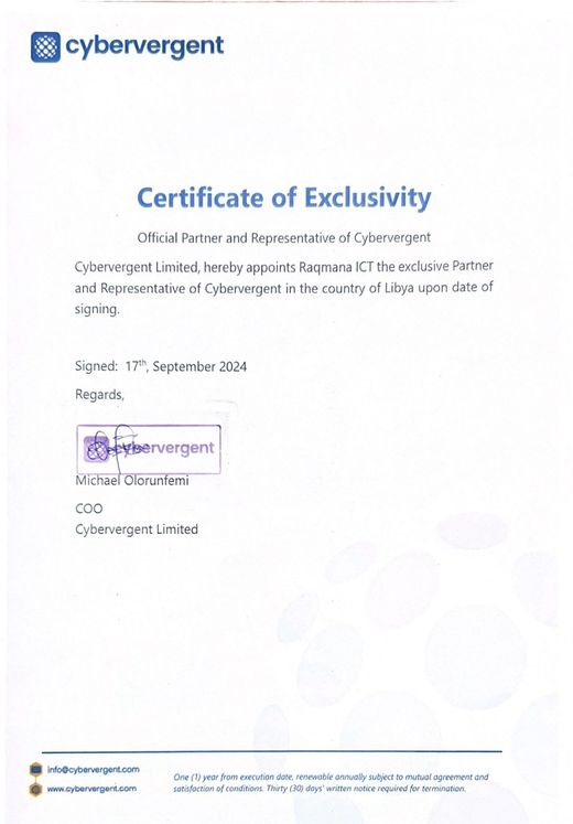 Cybervergent Certificate of Exclusivity