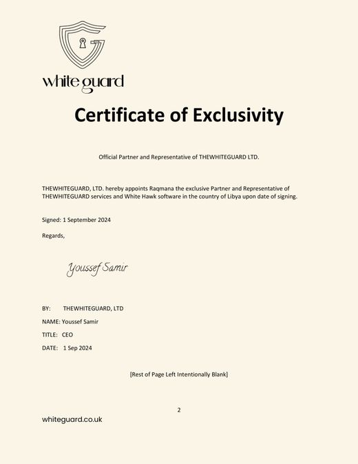 White Guard Certificate of Exclusivity
